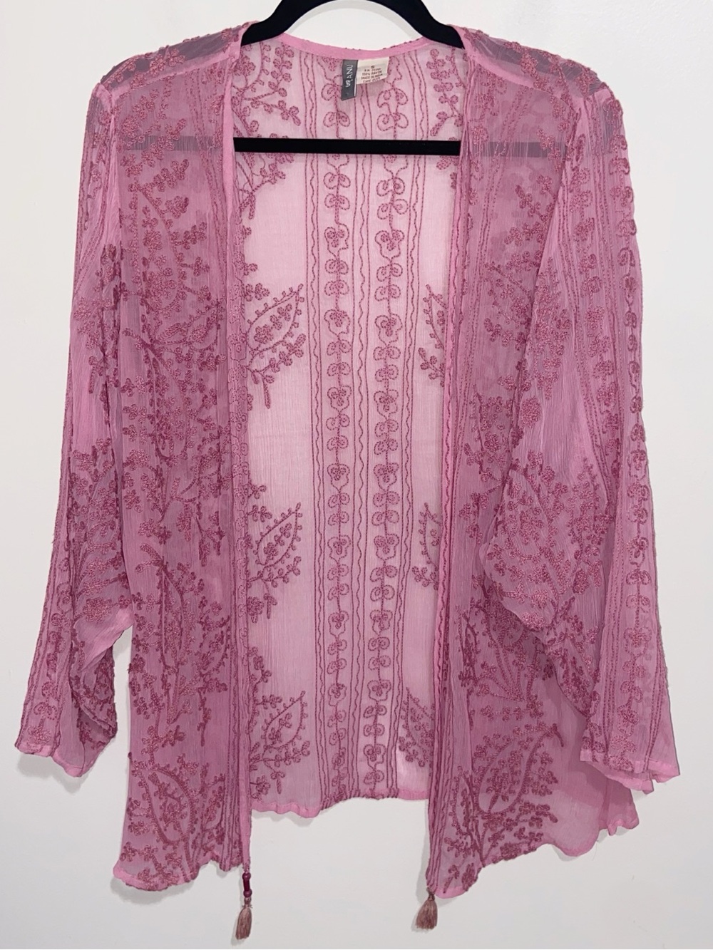 Anu Top Womens Small Sheer Embroidered Open Jacket Topper Boho Fairy Whimsy Pink